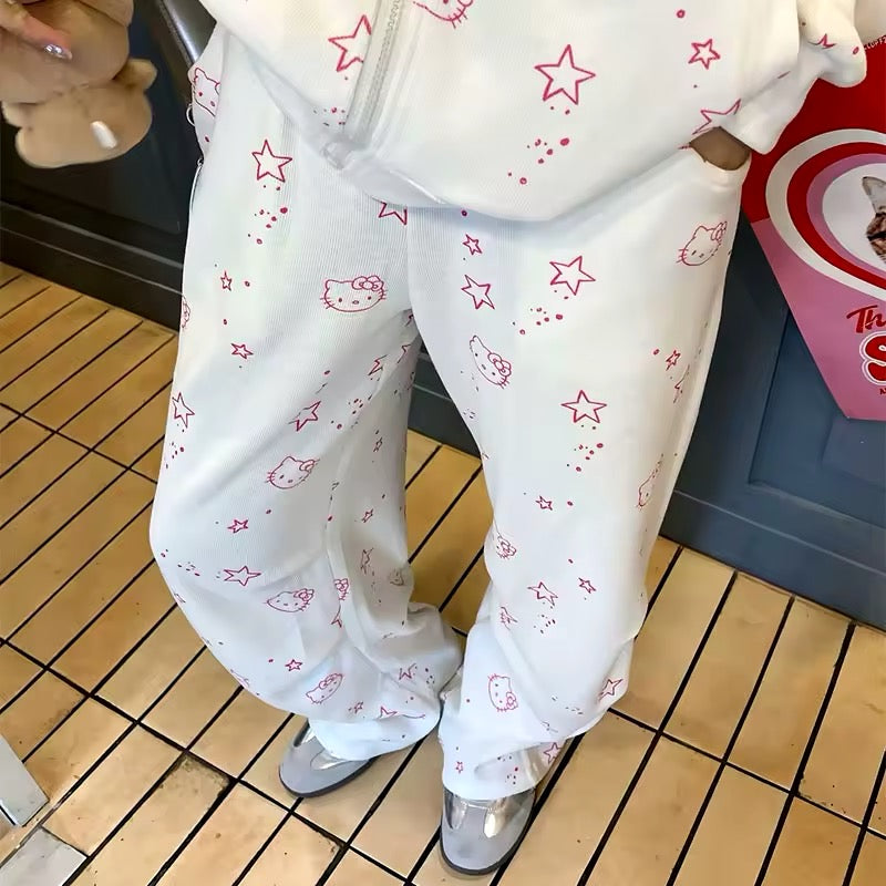 Kitty Kawaii Y2K White Pink Star Face Print Tracksuit Set