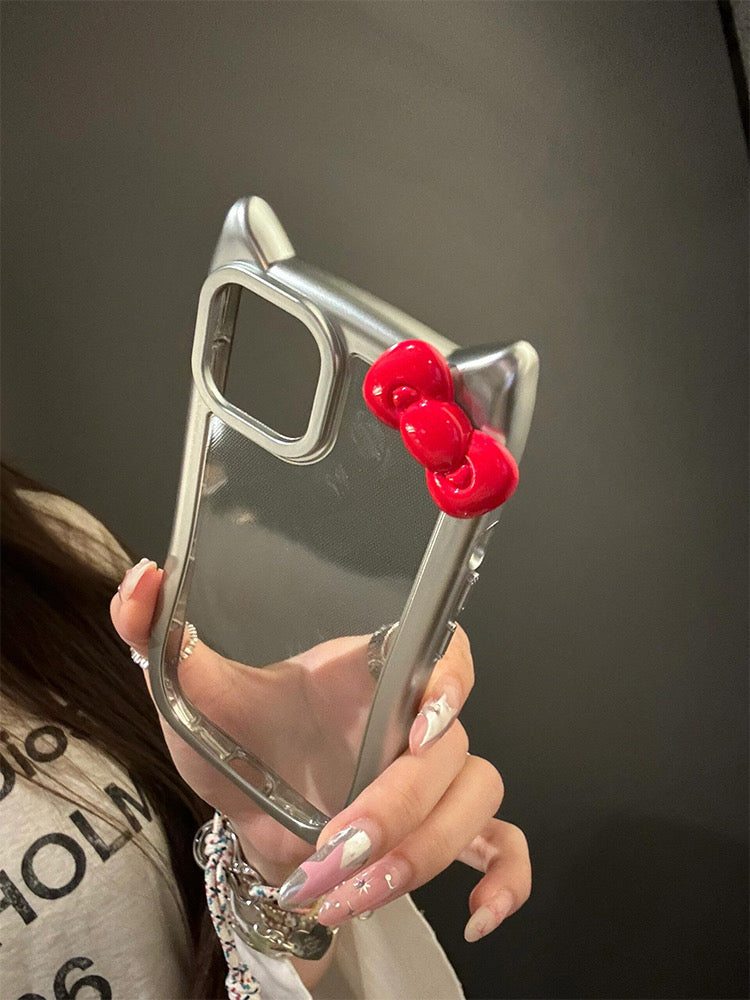 Kitty Kawaii Silver Metallic Style Clear Phone Case with 3D Bow (Red & Black)