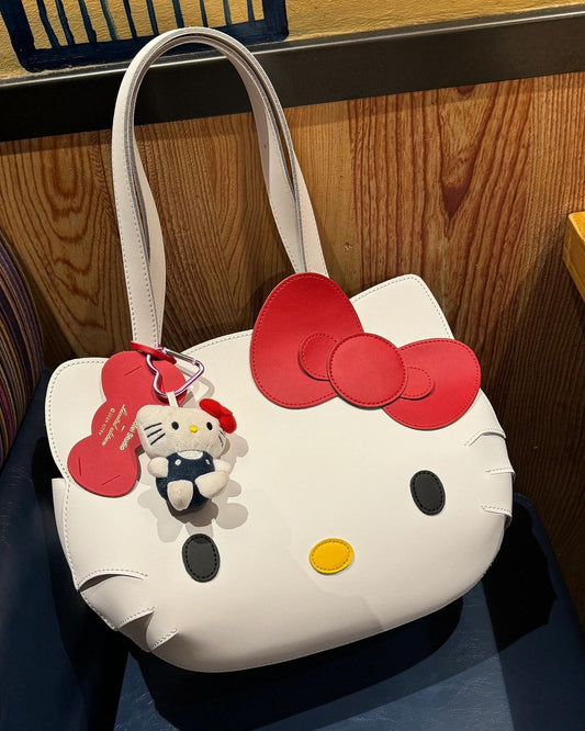 Kitty Kawaii Face White Shoulder Hand Bag with Red Bow