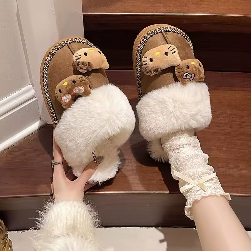 Kitty Kawaii Face Plushie Fur Brown Winter Slippers Shoes (2 Styles)