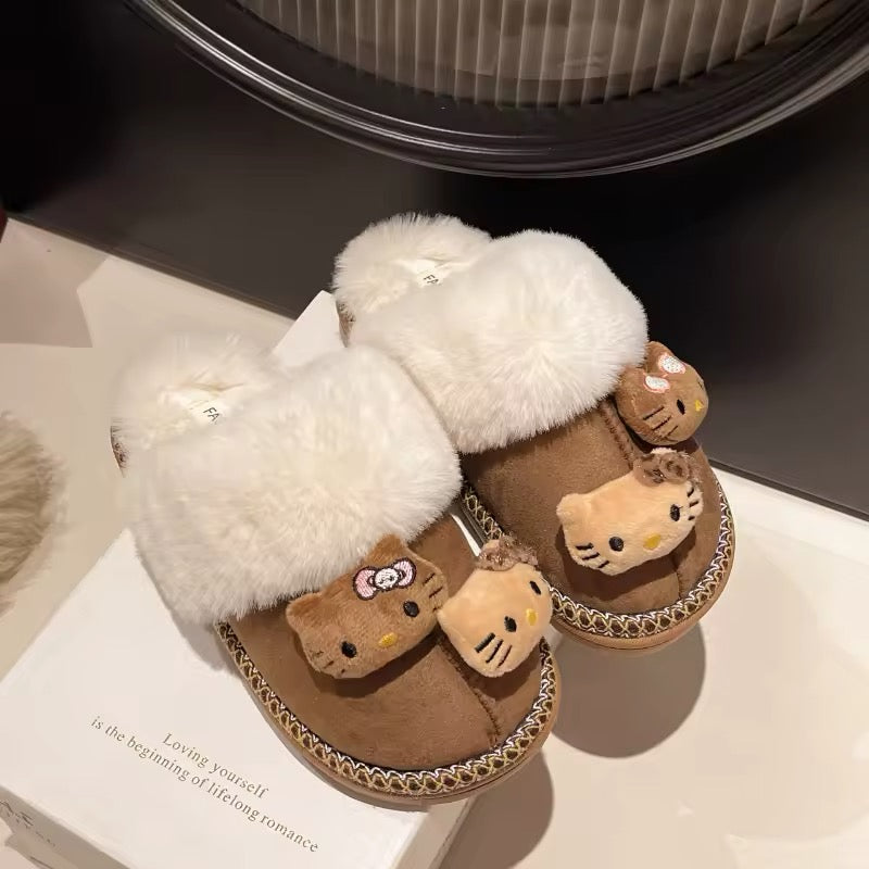 Kitty Kawaii Face Plushie Fur Brown Winter Slippers Shoes (2 Styles)