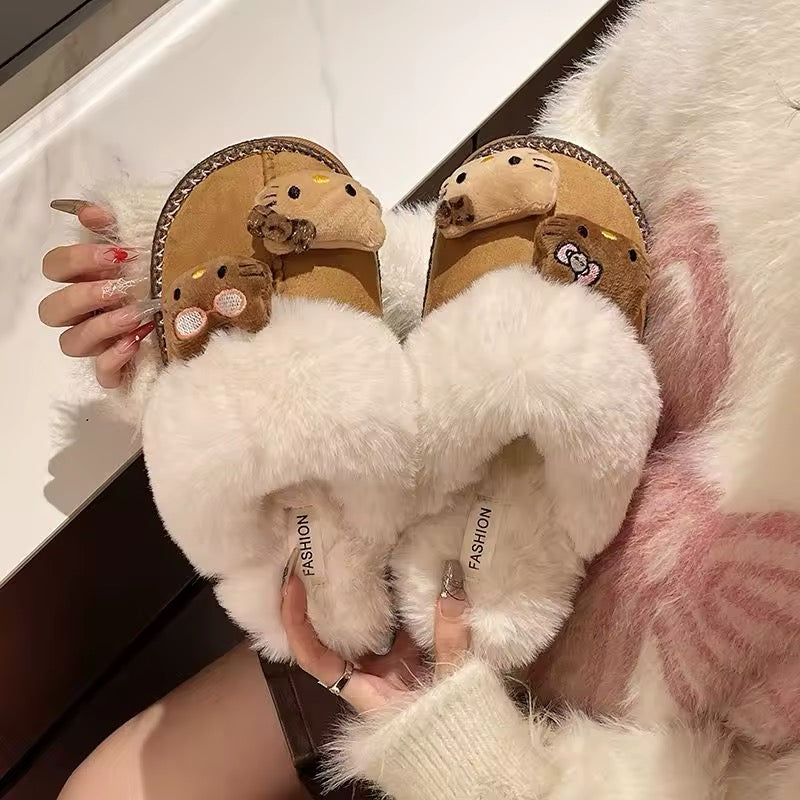 Kitty Kawaii Face Plushie Fur Brown Winter Slippers Shoes (2 Styles)