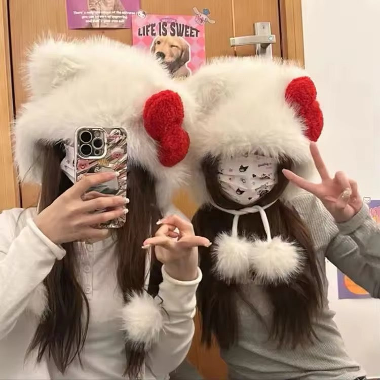 Kitty Kawaii White Red Bow Fluffy Fuzzy Pom Pom Beanie Hat