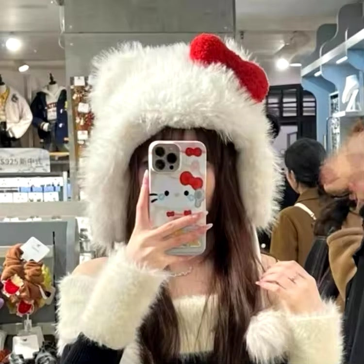 Kitty Kawaii White Red Bow Fluffy Fuzzy Pom Pom Beanie Hat