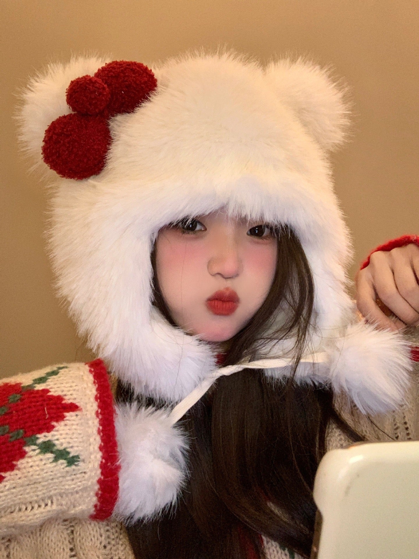 Kitty Kawaii White Red Bow Fluffy Fuzzy Pom Pom Beanie Hat