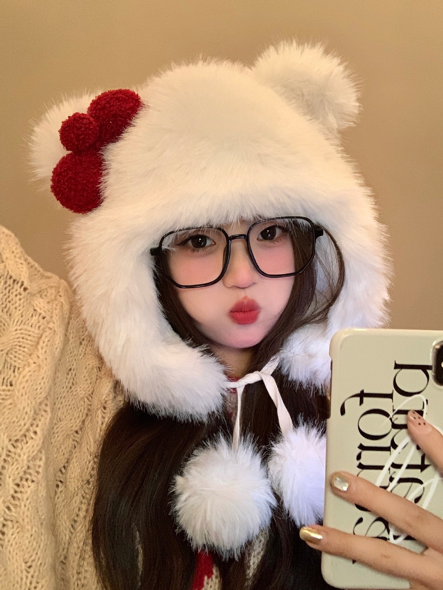 Kitty Kawaii White Red Bow Fluffy Fuzzy Pom Pom Beanie Hat