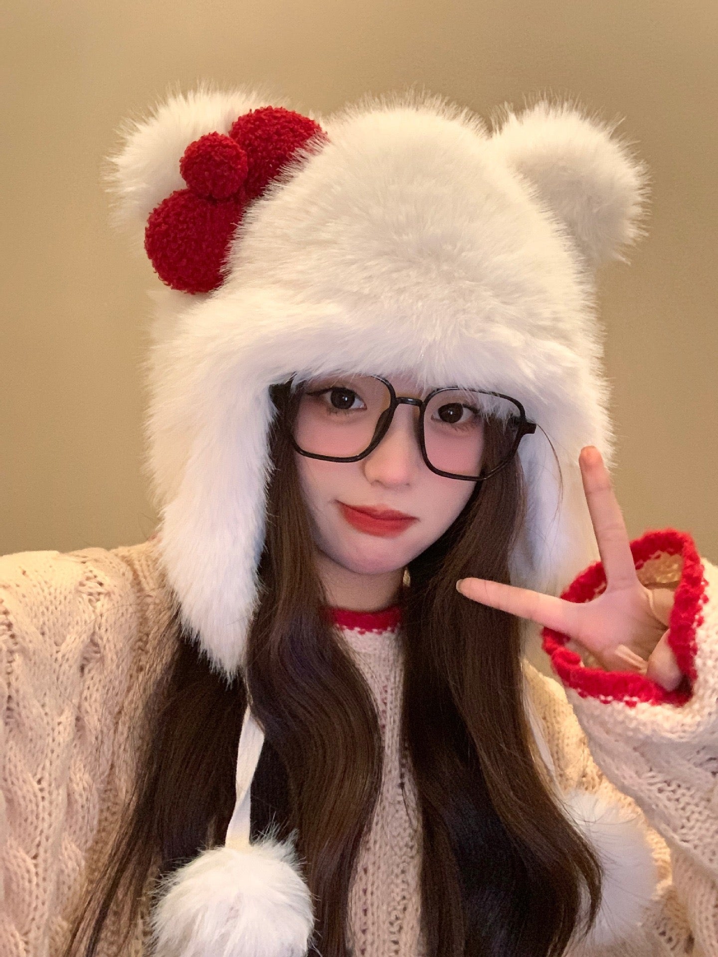 Kitty Kawaii White Red Bow Fluffy Fuzzy Pom Pom Beanie Hat