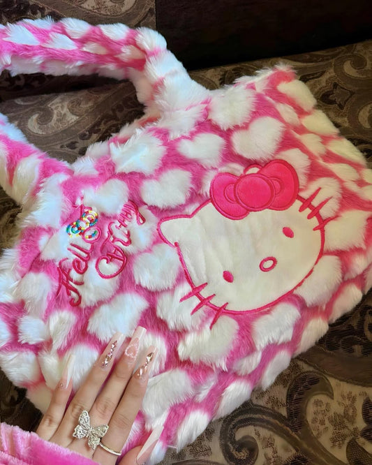 Kitty Kawaii Pink Heart Fluffy Fuzzy Plush Handbag