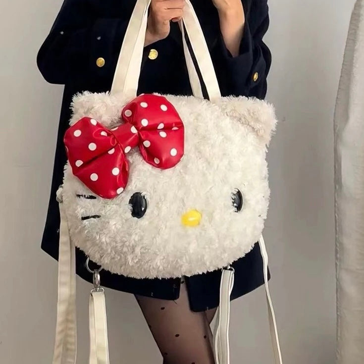 Kitty Kawaii Fluffy Plush Red Bow Shoulder Tote Bag