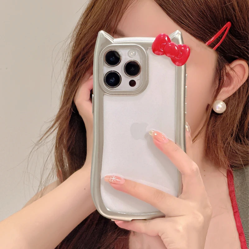 Kitty Kawaii Silver Metallic Style Clear Phone Case with 3D Bow (Red & Black)