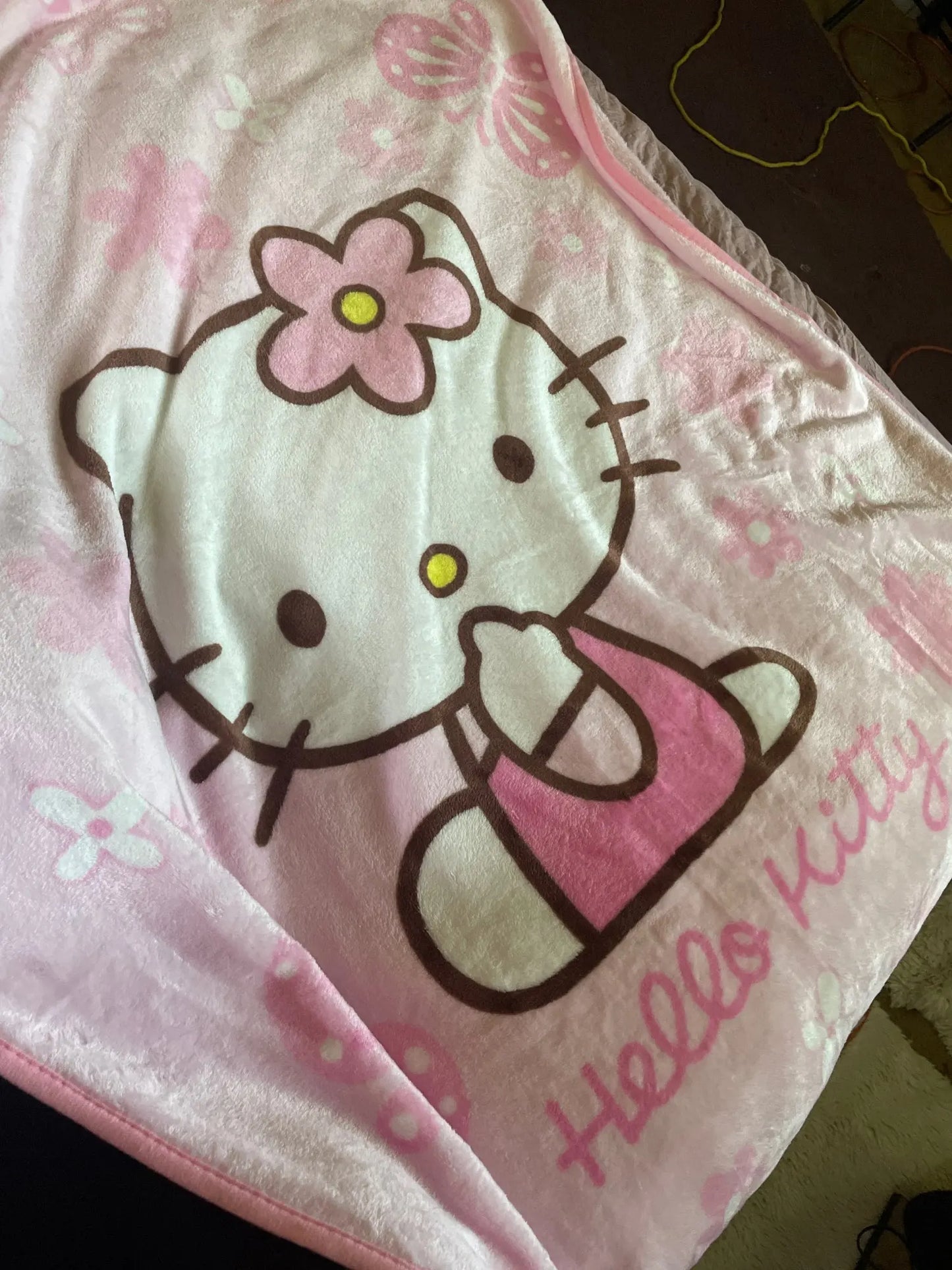 Kitty Kawaii Pink Plush Floral Blanket