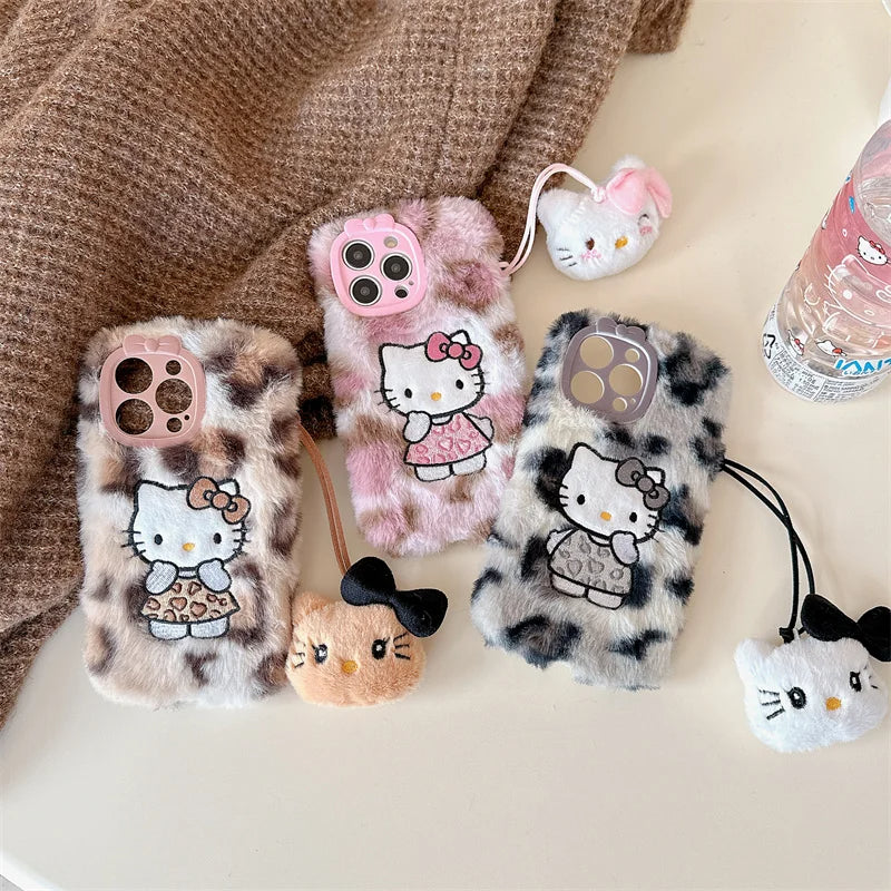 Kitty Kawaii Fluffy Fuzzy Plush Leopard Print iPhone Case with Wrist Strap