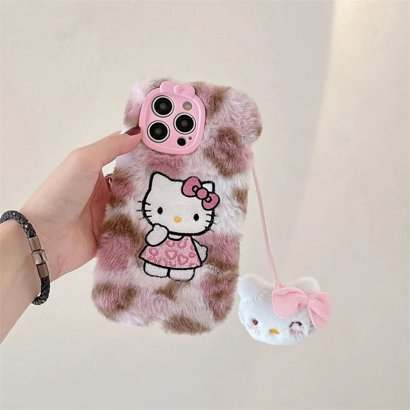 Kitty Kawaii Fluffy Fuzzy Plush Leopard Print iPhone Case with Wrist Strap