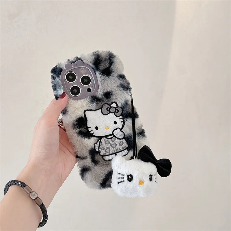 Kitty Kawaii Fluffy Fuzzy Plush Leopard Print iPhone Case with Wrist Strap